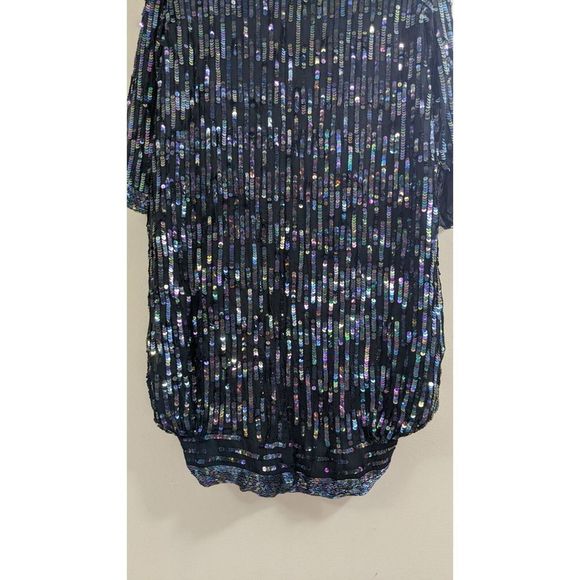 Oilslick rainbow Sequined Beaded long Silk Black Goddess Cardigan Jacket Vintage - Picture 5 of 16